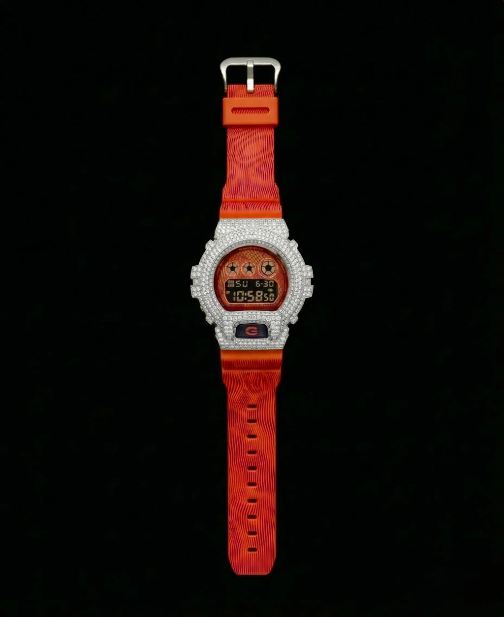 Retaliate iced out gshock watch mod orange and black band, vvs1 diamond-studded bezel, full view
