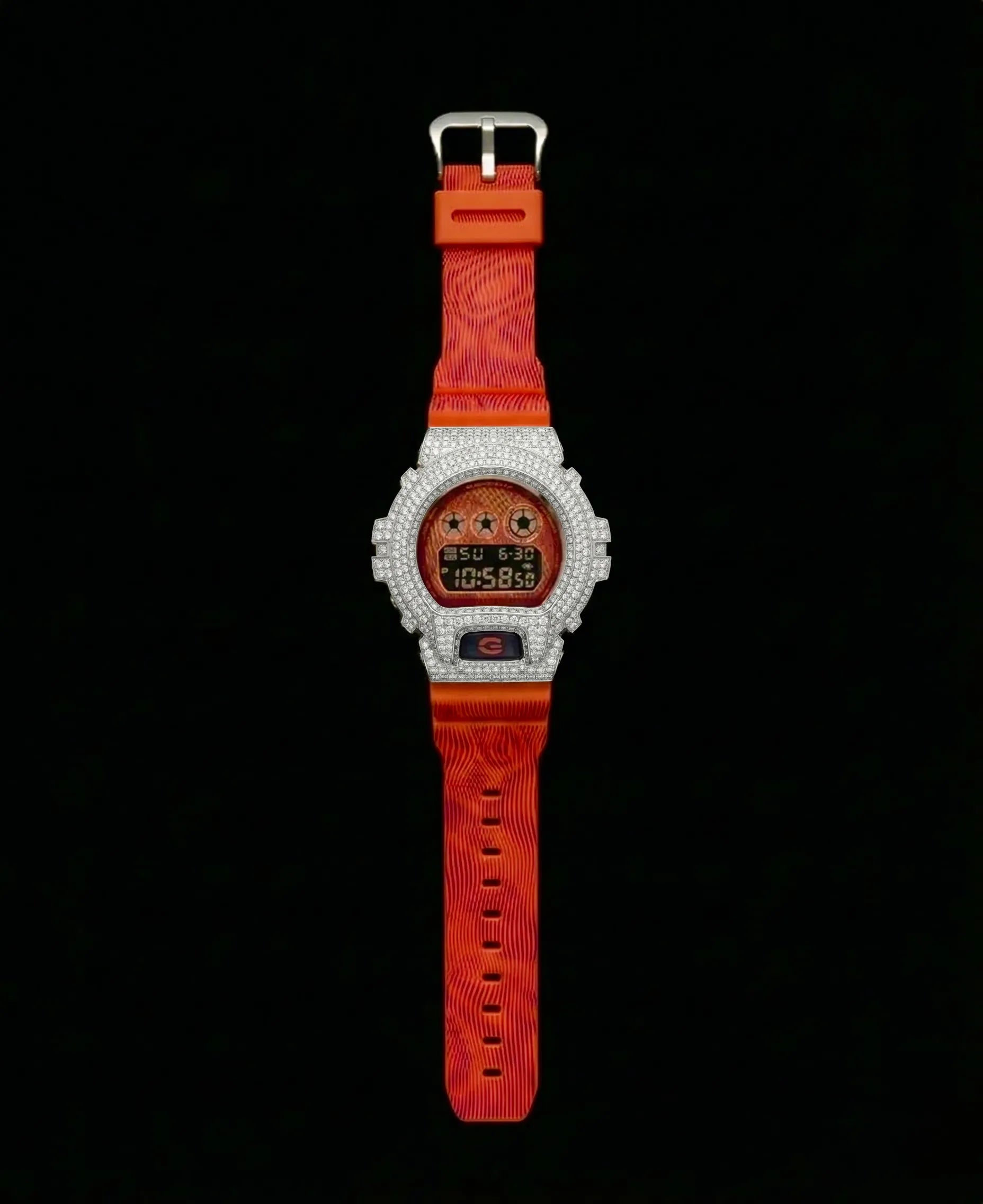 Retaliate iced out gshock watch mod orange and black band, vvs1 diamond-studded bezel, full view