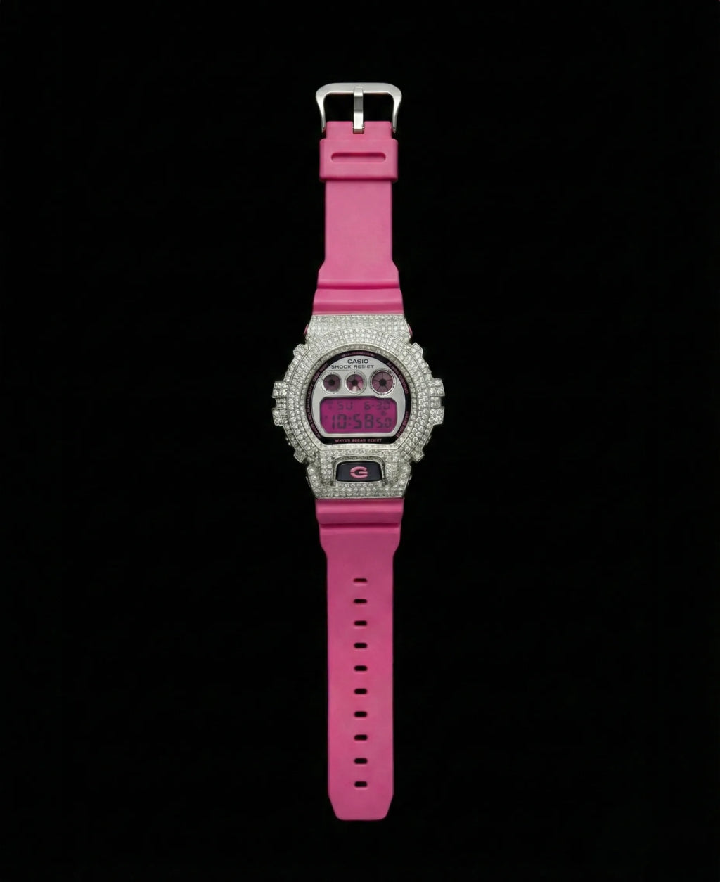 Retaliate iced out gshock diamond mod with vvs1 stones in pink and silver with pink band, full view.
