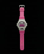 Retaliate iced out gshock diamond mod with vvs1 stones in pink and silver with pink band, full view.