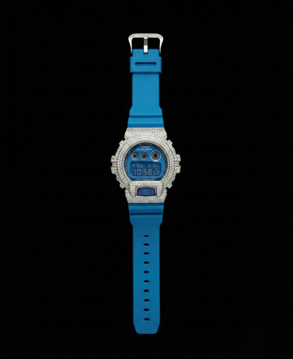 Retaliate iced out gshock mod with vvs1 diamonds in blue with a blue band, up close, full view.