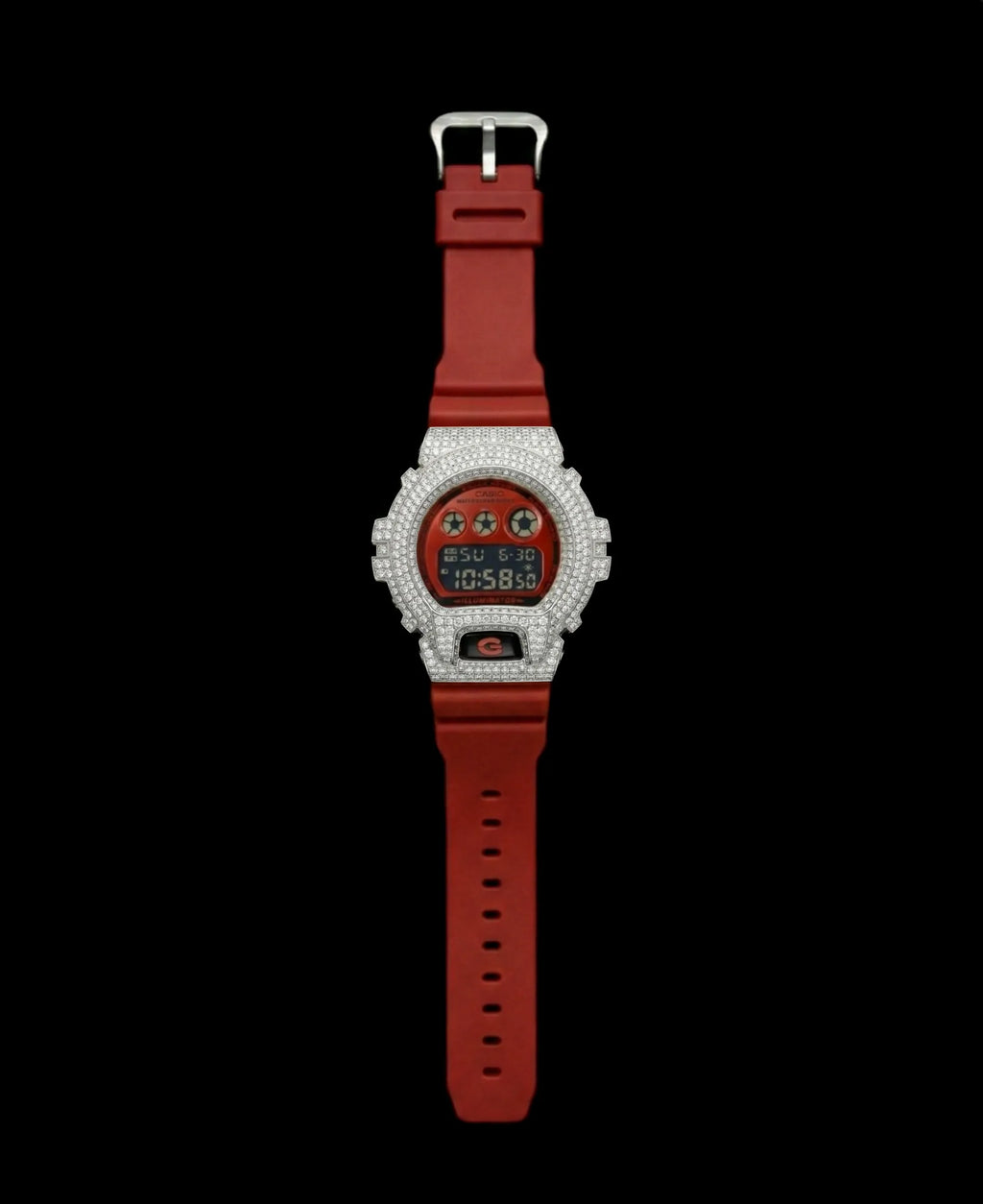 Retaliate Aimbot iced out G-Shock, full front view, VVS1 diamond, red strap