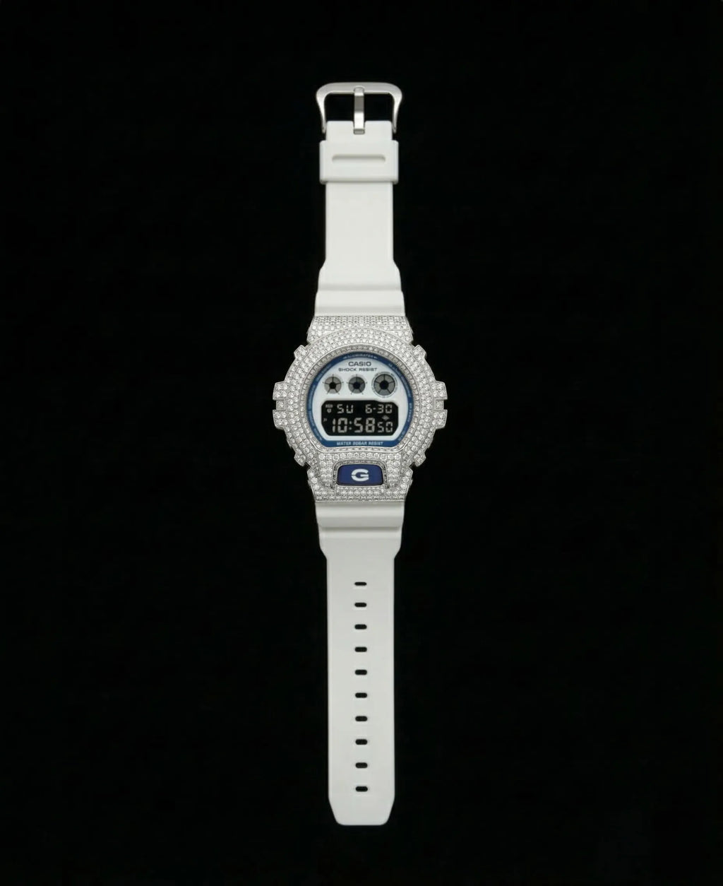 Retaliate Blue Freeze bustdown G-Shock, full front view, VVS1 diamond, white strap