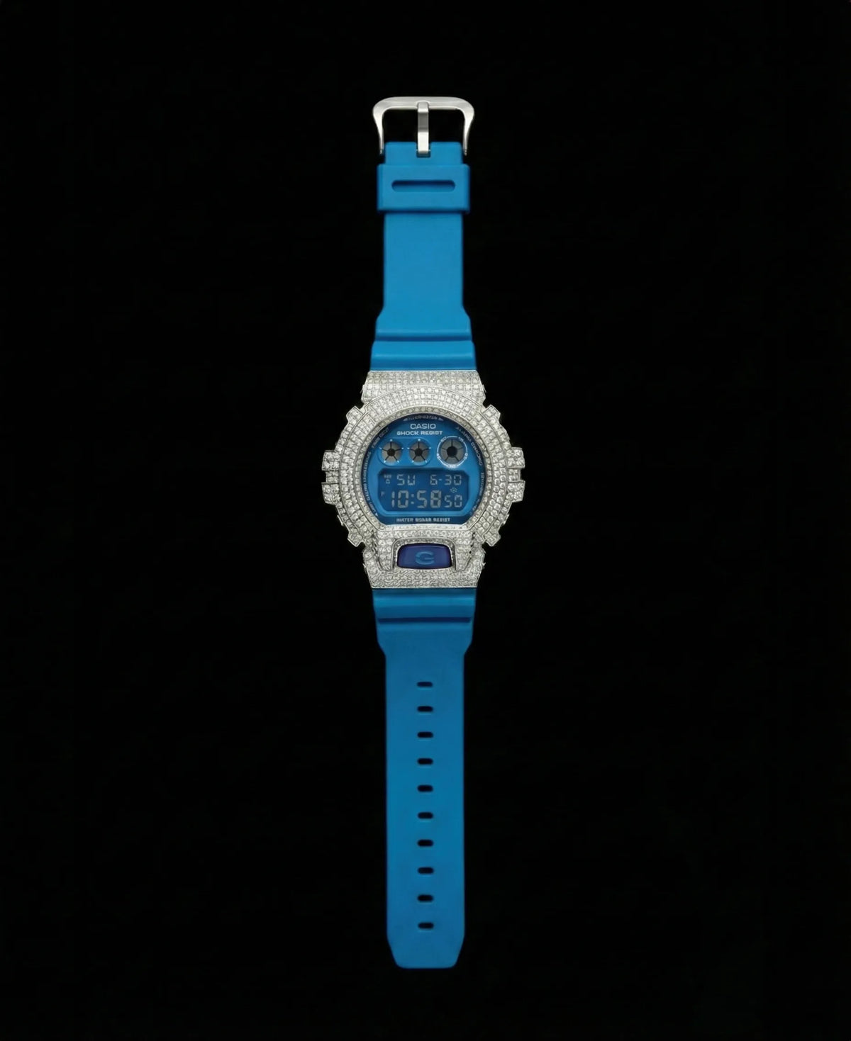Retaliate Bubblegum Blue iced out G-Shock, full front view, VVS1 diamond, blue strap