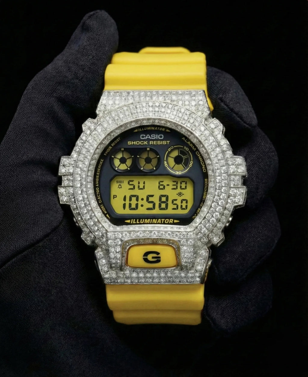 Retaliate Bumblebee Yellow — VVS1 diamond iced out bezel on Casio DW6900, front view