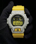 Retaliate Bumblebee Yellow — VVS1 diamond iced out bezel on Casio DW6900, front view