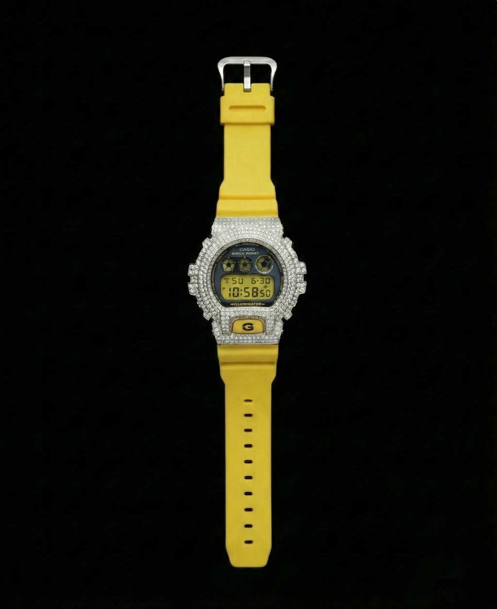 Retaliate Bumblebee Yellow iced out G-Shock, full front view, VVS1 diamond, yellow strap