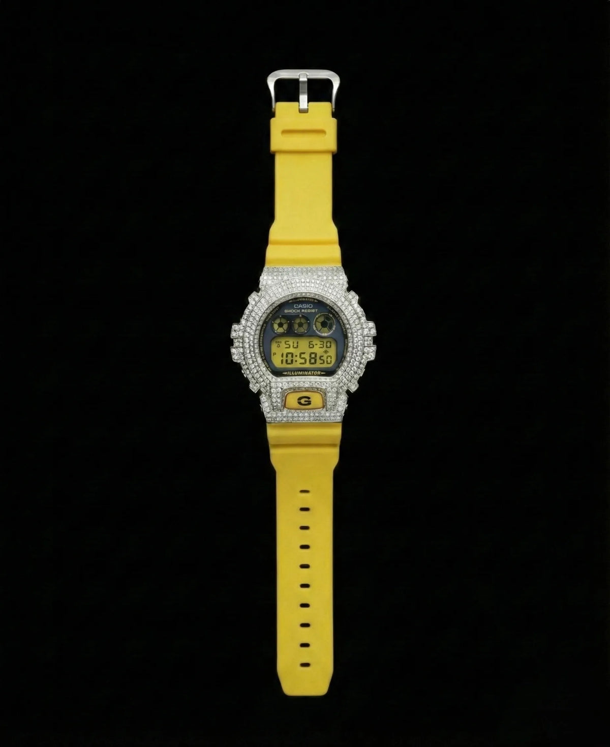 Retaliate Bumblebee Yellow iced out G-Shock, full front view, VVS1 diamond, yellow strap