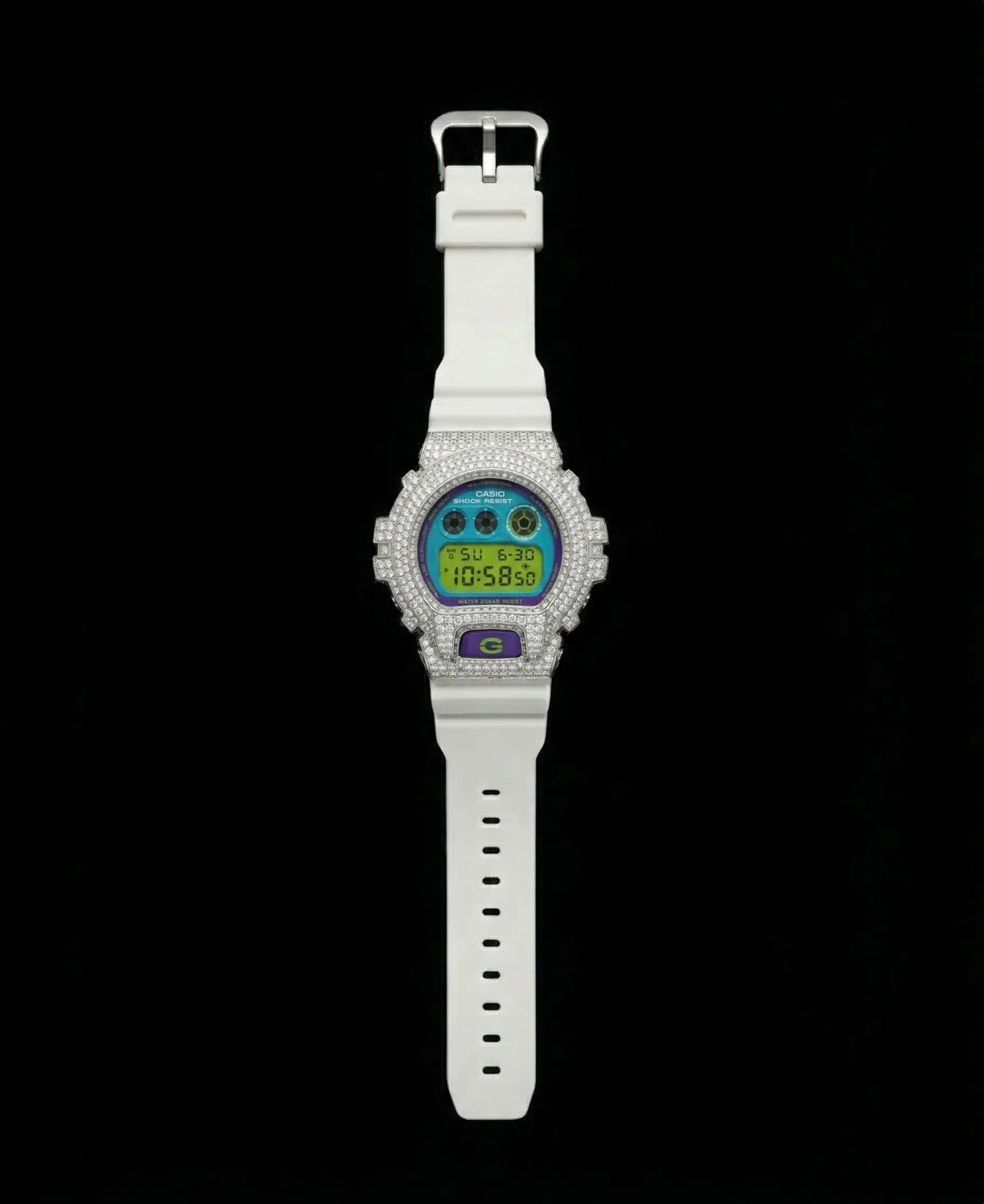 Retaliate Buzz Lightyear custom G-Shock, full front view, VVS1 diamond, white strap
