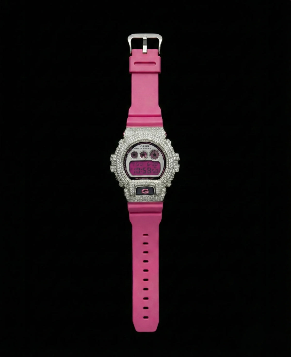 Retaliate Flamingo Pink custom G-Shock, full front view, VVS1 diamond, pink strap