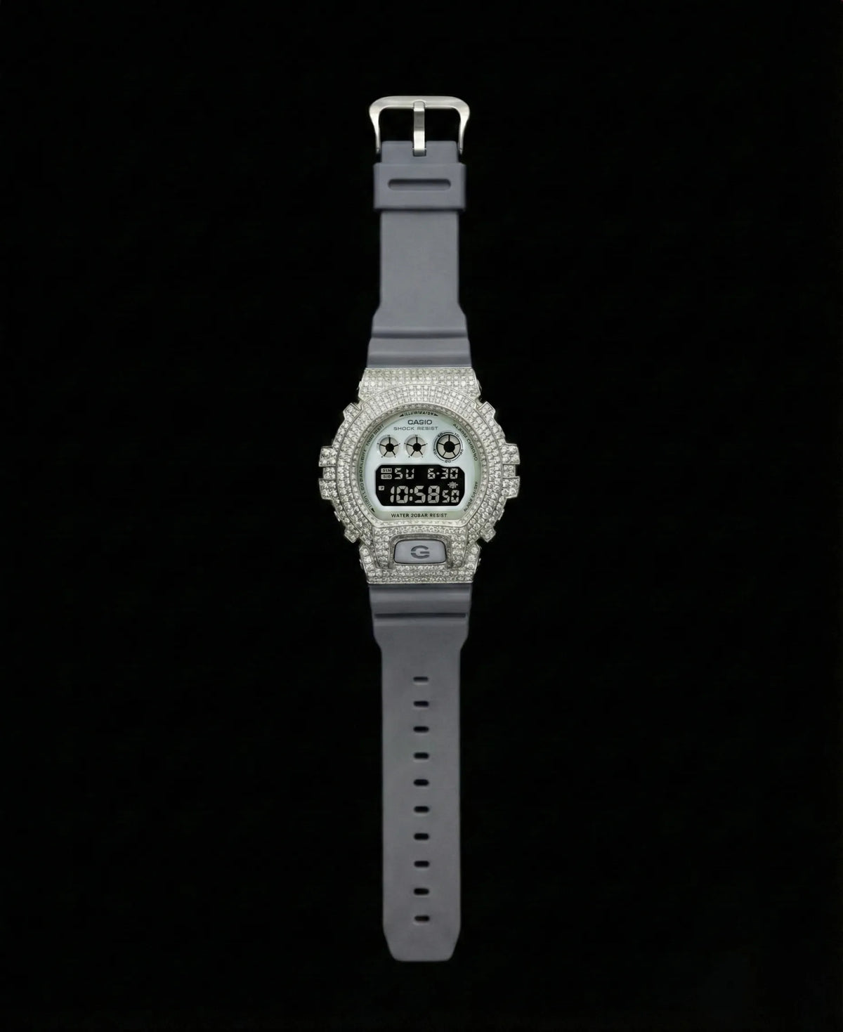 Retaliate Glacier Gray bustdown G-Shock, full front view, VVS1 diamond, grey strap
