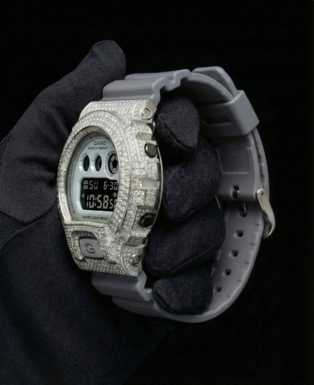 Retaliate Glacier Gray custom G-Shock, diamond bezel side profile, 925 sterling silver