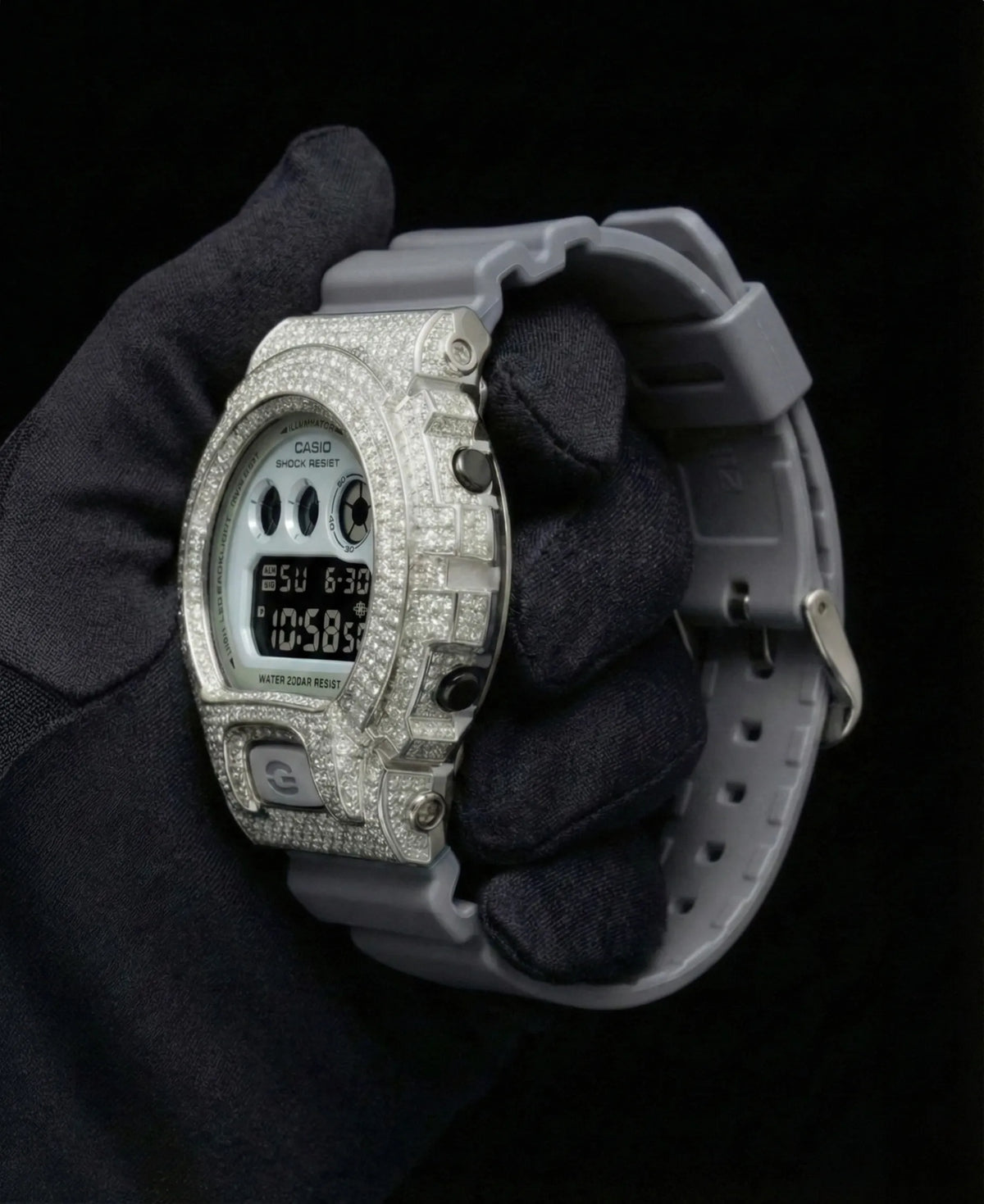 Retaliate Glacier Gray custom G-Shock, diamond bezel side profile, 925 sterling silver