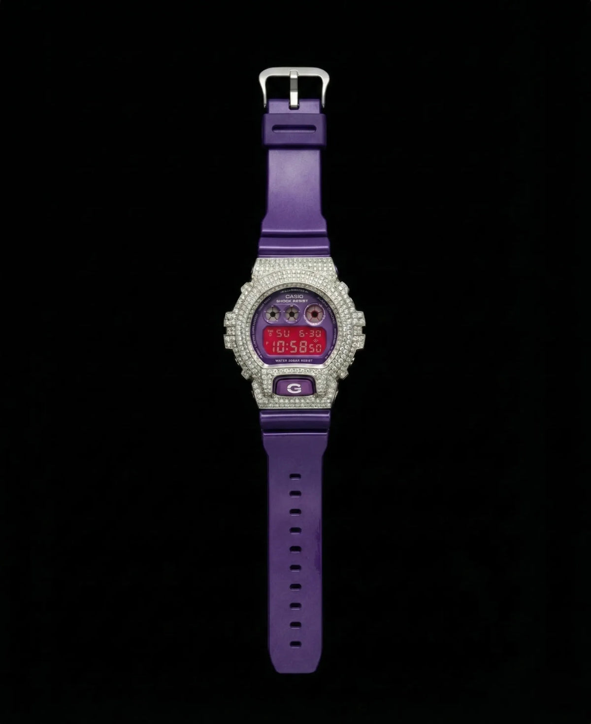 Retaliate Grape Soda iced out G-Shock, full front view, VVS1 diamond, purple strap
