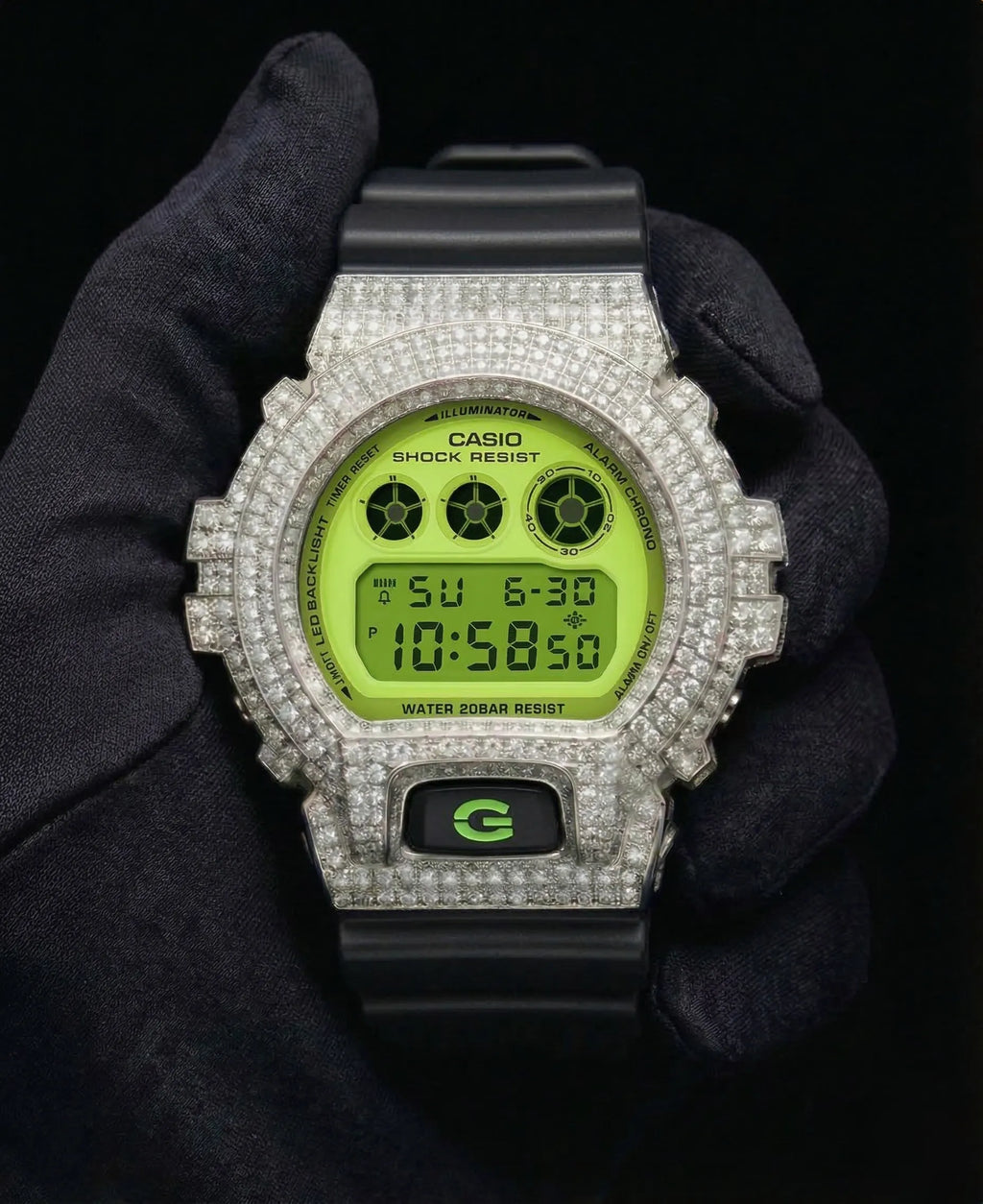 Retaliate Grinch — VVS1 diamond iced out bezel on Casio DW6900, front view