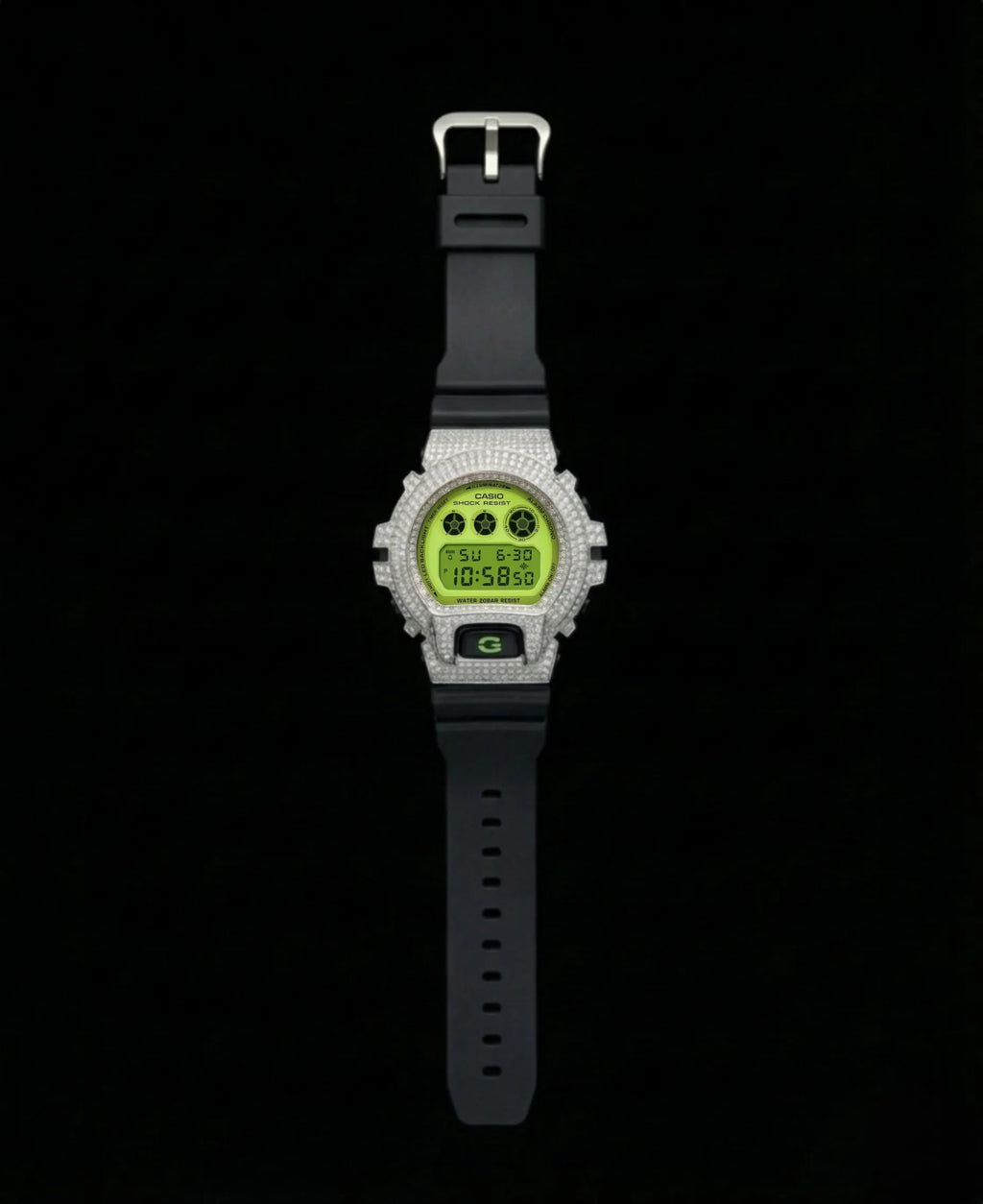 Retaliate Grinch iced out G-Shock, full front view, VVS1 diamond, black and green strap