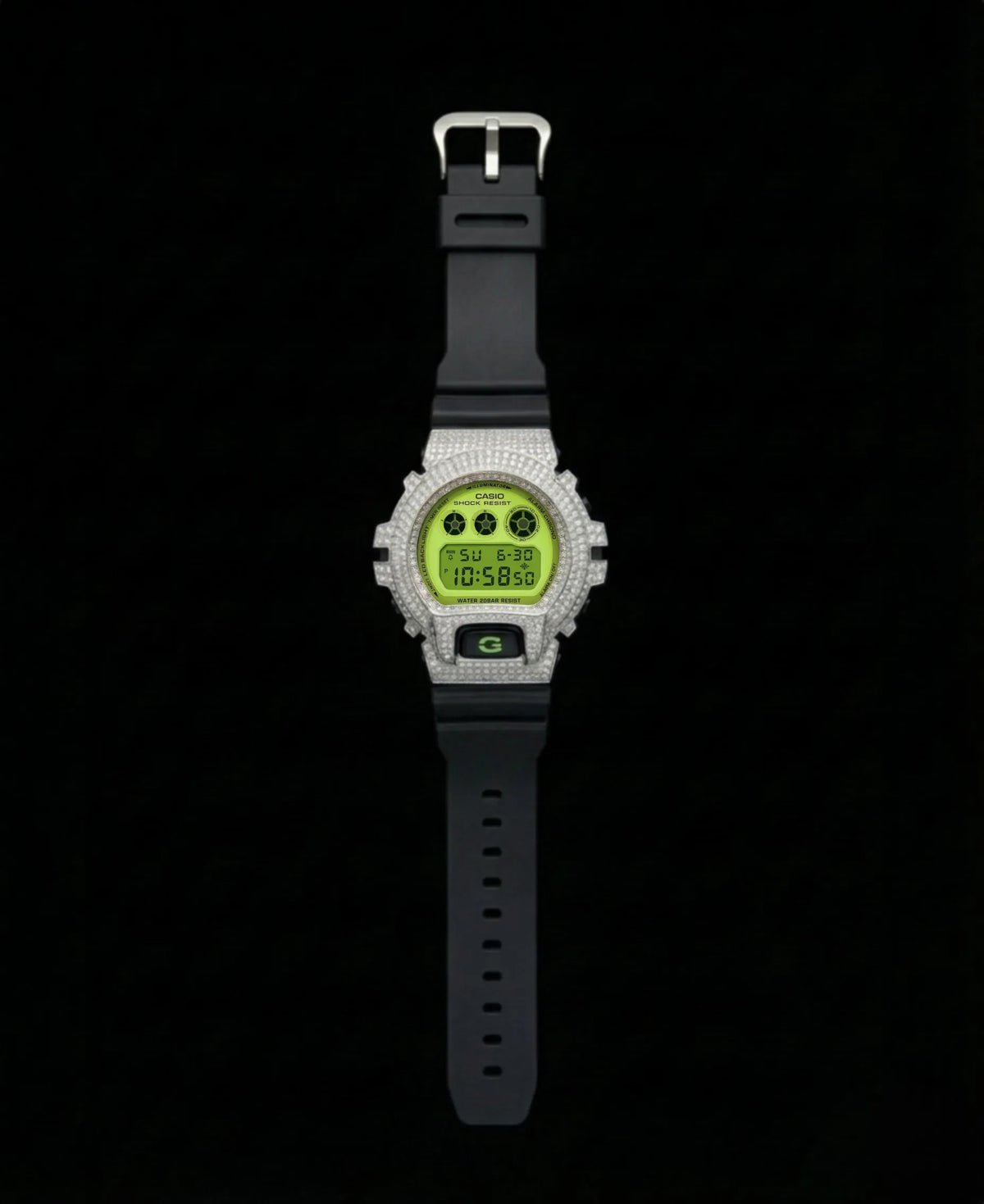 Retaliate Grinch iced out G-Shock, full front view, VVS1 diamond, black and green strap
