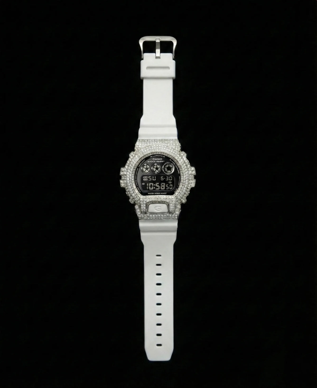 Retaliate Michael Jackson bustdown G-Shock, full front view, VVS1 diamond, white strap