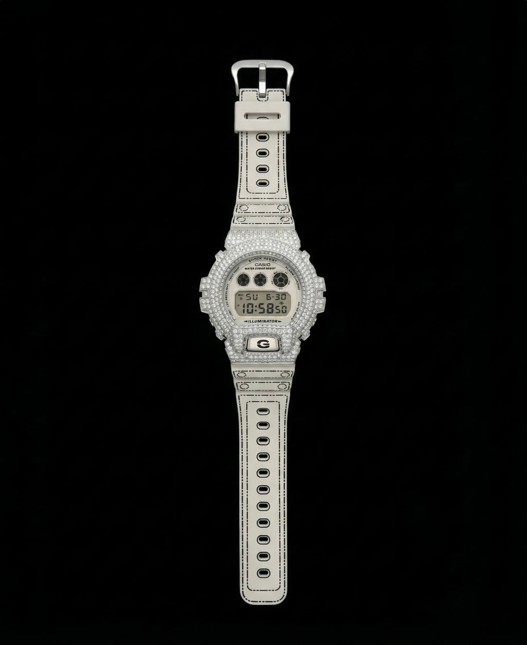 Retaliate Origami custom G-Shock, full front view, VVS1 diamond, white and black strap