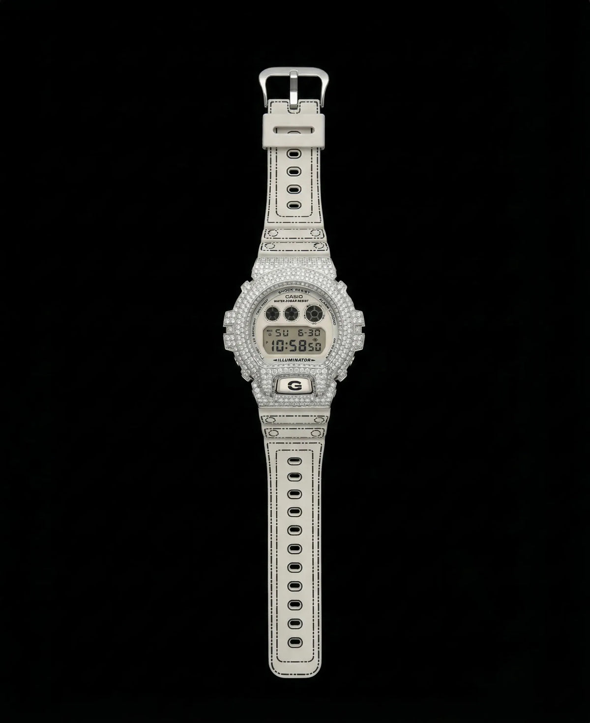 Retaliate Origami custom G-Shock, full front view, VVS1 diamond, white and black strap