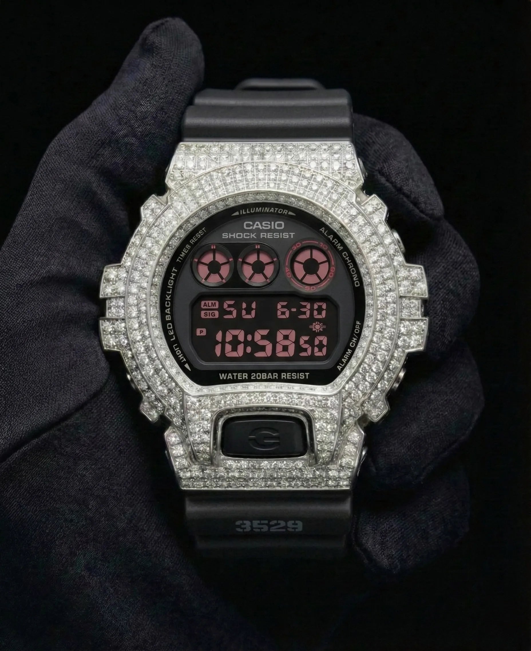 Retaliate Red Eyed — VVS1 diamond custom bezel on Casio DW6900, front view