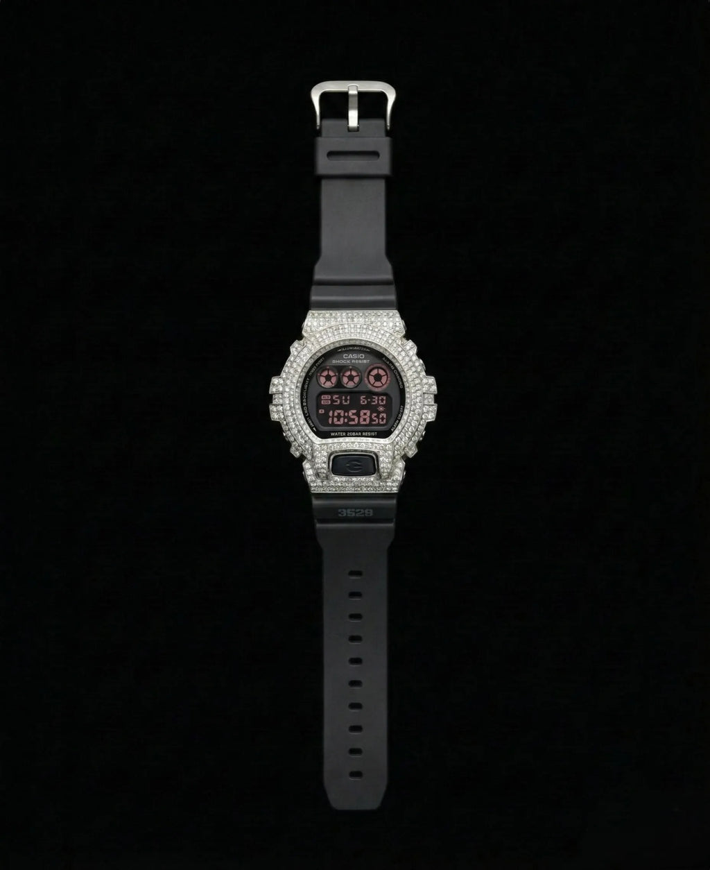 Retaliate Red Eyed custom G-Shock, full front view, VVS1 diamond, black strap