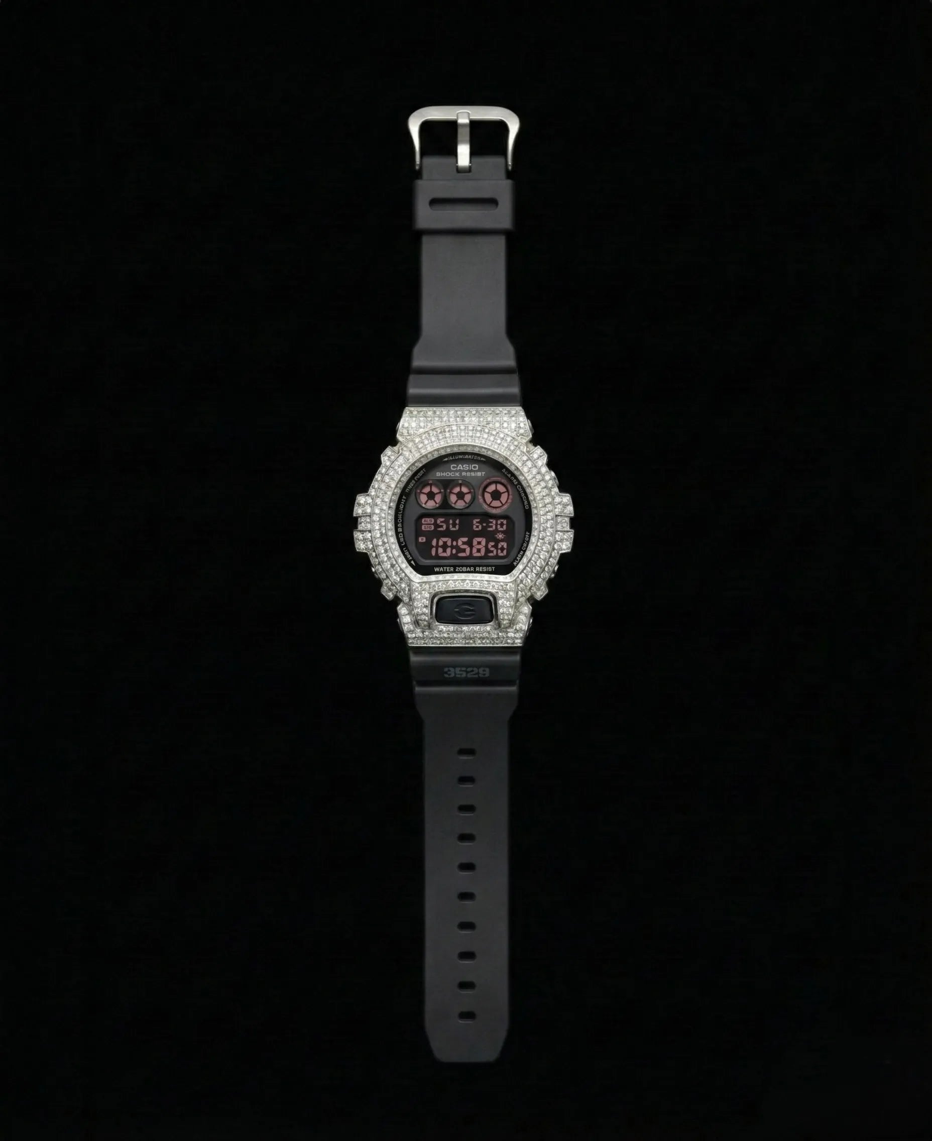 Retaliate Red Eyed custom G-Shock, full front view, VVS1 diamond, black strap