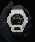 Retaliate Sapphire Black — VVS1 diamond bust down bezel on Casio DW6900, front view
