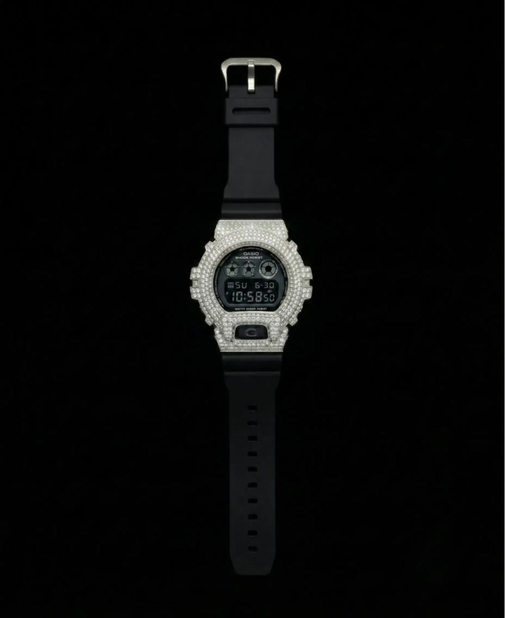Retaliate Sapphire Black bustdown G-Shock, full front view, VVS1 diamond, black strap