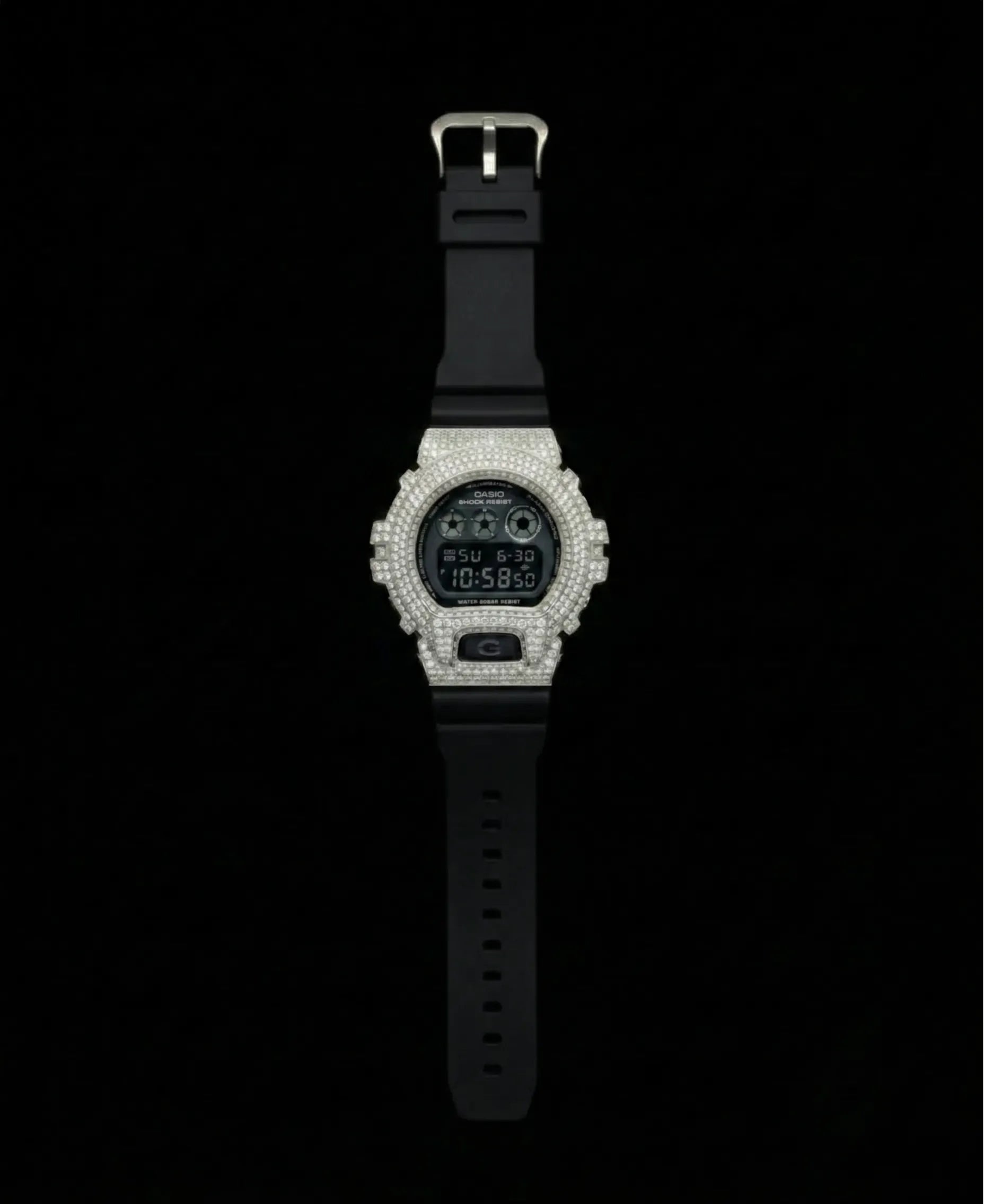 Retaliate Sapphire Black bustdown G-Shock, full front view, VVS1 diamond, black strap